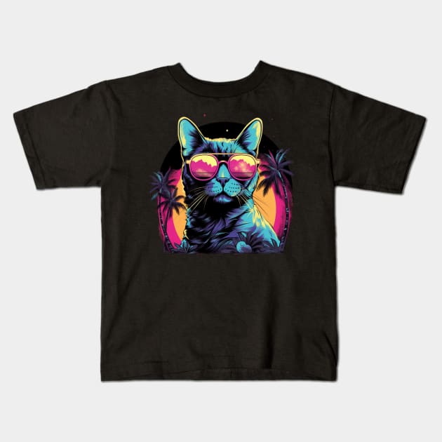 Retro Wave Egyptian Mau Cat Shirt Kids T-Shirt by Miami Neon Designs